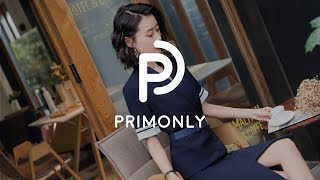 เดรสทำงานผู้หญิงสีกรมท่าคอวีปกสูทแขนสั้นแต่งแถบ - PRIMONLY