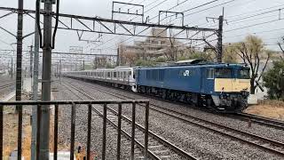 EF64-1031号機＋E217系Y-5編成が雨の中、府中本町駅4番線を通過するシーン2023年3月23日