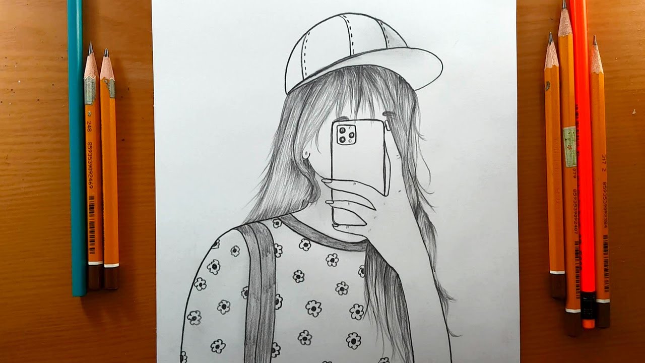 Come Disegnare Una Ragazza Che Si Fa Un Selfie | Schizzo A Matita Per ...