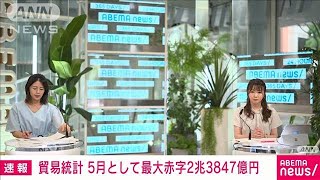 【速報】5月の貿易統計　2兆3847億円の赤字　赤字は10カ月連続　5月として最大の赤字(2022年6月16日)