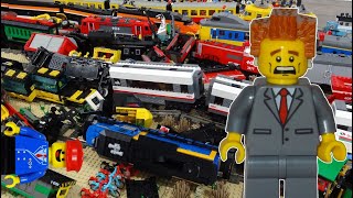 Lego train crash with 15 trains results in huge pile of Lego train wrecks!