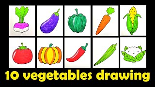 10 Vegetables Drawing And Coloring Easy || 10 vegetables name