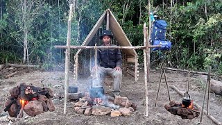 Solo bushcraft overnight, tarp shelter built camp chair, campfire, grill chicken meat on rock