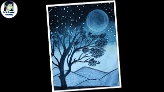 Drawing of  Nature | Nature scenery/How to Draw Scenery of Moonlight With Oil Pastel - Step by Step