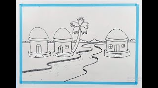 How to draw a Easy Scenery | Village scenery drawing | Pencil Drawing