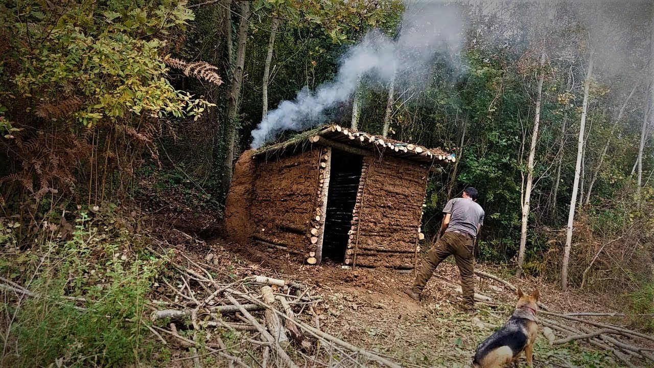 Build A Forest House With Mud And Wood Log Cabin Bushcraft Youtube