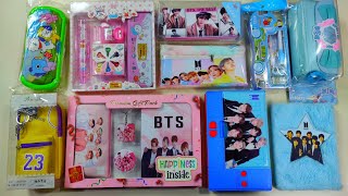 unboxing bts toy collection, ultimate collection of pencil case, unicorn pen, eraser, pouch, art set