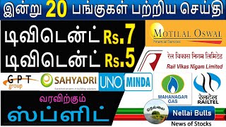 டிவிடென்ட் Rs.7  , டிவிடென்ட் Rs.5 வரவிற்கும் போனஸ், பைபாக்,ஸ்ப்ளிட் தரும் பங்குகள் பற்றிய செய்தி,