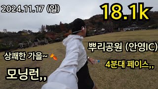 2024.11월.17일 (일) 상쾌한 일요일 모닝런,, 뿌리공원 (안영IC) 18.1k (평균 페이스,,4분대,,) 😇😇