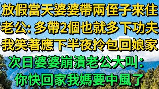 放假當天婆婆帶兩侄子來住，老公說多帶2個也就多下功夫，我笑著應下半夜拎包回娘家，次日婆婆崩潰老公大叫：你快回家我媽要中風了 | 柳梦微语