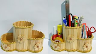 Popsicle stick craft idea | How to make pencil organizer from stick ice cream | Best out of waste