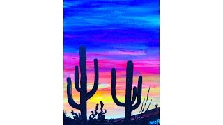 Easy Desert Sunset Saguaro's in silhouette Acrylic painting tutorial on Canvas | TheArtSherpa
