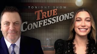 True Confessions with Nick Offerman and Hailey Bieber | The Tonight Show Starring Jimmy Fallon