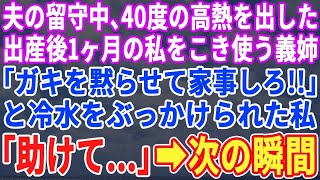 【スカッとする話】出産後1ヶ月、40度の高熱を出した私をこき使う嫁いびり義姉「赤ん坊を泣き止ませろ！風呂洗え！飯作れ！」冷水をぶっかけた→私「助けて」次の瞬間、義姉の背後から声が聞こえ...【修羅場】