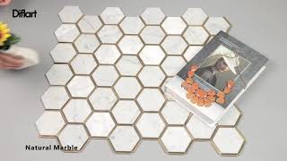 Diflart Carrara White Marble Mosaic Hexaqon Tiles with Metal Brass Polished