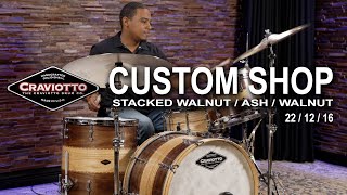 Craviotto Custom Shop Stacked Walnut/Ash Drum Set with Dual Cherry Inlay 22/12/16 (CRKIT3PC22WAWCI)