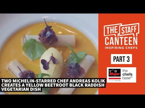 Chef Andreas Krolik, 2 Michelin stars, creates a vegetarian dish using yellow beet and black radish