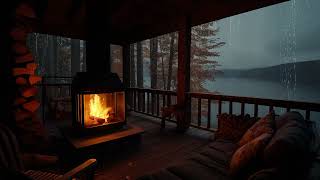 Rainy Day on Balcony Cabin with Fireplace \u0026 Rain Sounds for Sleeping \u0026 Beat Insomnia