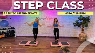 30 MIN BEGINNER TO INTERMEDIATE STEP AEROBICS CLASS - #324 -128 BPM OLDIES  MUSIC!