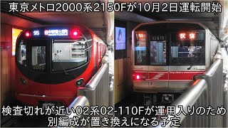 【東京メトロ2000系2150Fが10月2日に運用開始】置き換えとみられる02系02-110Fが運用入りしてたため、別編成が置き換えに