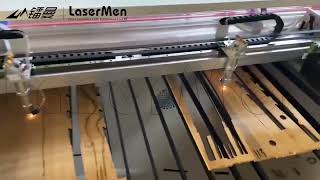 LaserMen Big size co2 laser cutting machine at customer site, double heads co2 laser cutting machine