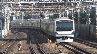 田町駅前での上野東京ライン常磐線E531系同志のすれ違いを京浜東北線がふさぐ