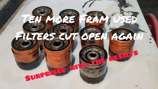 Used Fram oil filters cut open for remarkable results