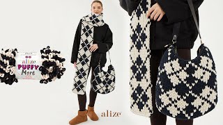 Diamond Patterned Scarf and Bag with Alize Puffy More