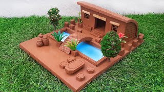 Amazing creative with clay || DIY miniature house with swimming pool, bridge and table and chairs