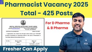 New Govt. Pharmacist Recruitment Total 425 Posts MRB || Pharmacist Vacancy 2025 || Govt Jobs 2025