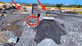 EP19!New project! technical SHANTUI Bulldozer DH17C2 and Dump Trucks pour and push stones into mud