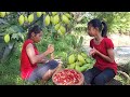 Mouth watering food - Green mango Hot salt chili Eating delicious with sister