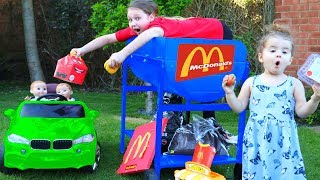Babies McDonalds Drive Thru Food Challenge! Power Wheels Ride On Car Kids Pretend Play