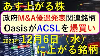 あす上がる株　2023年１２月６日（水）に上がる銘柄　～最新の日本株での株式投資のお話です。政府が発表したM\u0026A優遇の関連銘柄、OasisがACSLを爆買い～