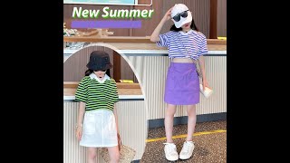 【2022 夏の総力祭】【120-170】カジュアル ボーダー 折り襟 Vネック Tシャツ+スカート 夏 子供服 女の子 セットアップ