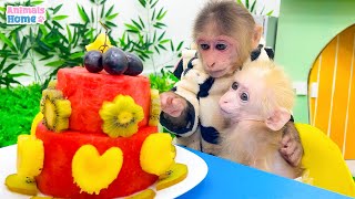 BiBi harvests fruits to make watermelon cake for baby monkey Obi