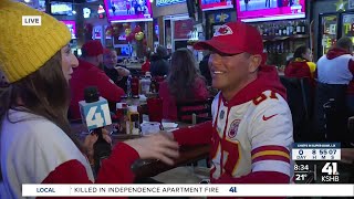 Fans up early to claim their spot at Johnny's Tavern in Kansas City's Power and Light District