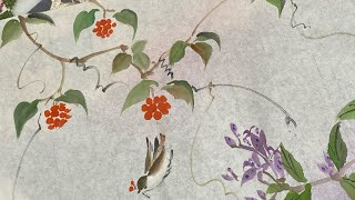 【一筆画】サネカズラ、ホトトギスの花、スズメ、秋を描く　菊とススキ　ほのぼの一筆画80