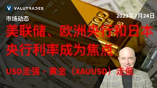 美联储、欧洲央行和日本央行利率成为焦点。USD走强，黄金（XAUUSD）走低。