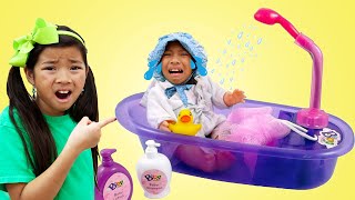 Nanny Emma Takes Care of Baby Doll Wendy Toy | Kid Babysits Baby Toys