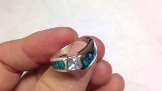 Lab created opal ring with princess cut white sapphire