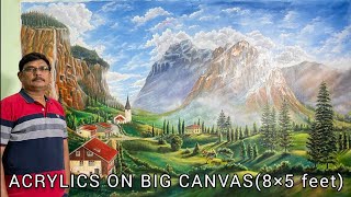 BEAUTIFUL LANDSCAPE IN SWITZERLAND WITH ACRYLIC PAINTING / HOW TO DRAW BIG CANVAS PAINTING