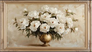 Gold Framed Vintage TV Art Frame TV Screensaver | Vintage White Peonies | 2 Hours (No Sound)