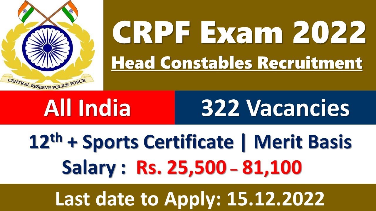 322 Vacancies | CRPF Head Constable Sports Quota Recruitment 2022 ...