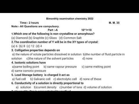 PSEB Bimonthly Chemistry Class 12| Paper Solutions| August 2022 ...