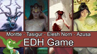 Moritte vs Tasigur vs Elesh Norn vs Azusa EDH / CMDR game play for Magic: The Gathering