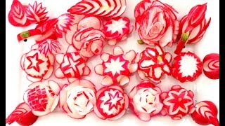 【 红萝卜玫瑰的做法】  15 How To Make Red Radish Flowers Garnish Design & Red Radish Rose | Swan | Duck