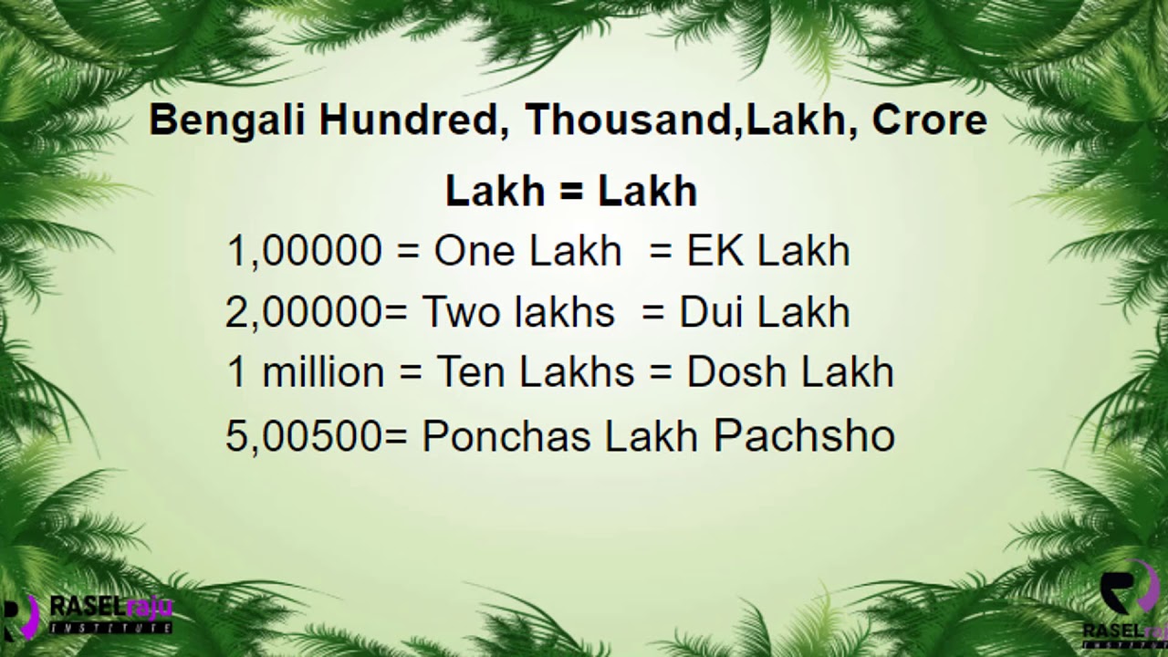 Learn Bengali Number Hundred, Thousands, Lakh, Crore In English - YouTube