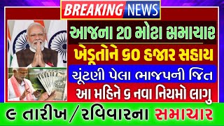 આજના 20 મુખ્ય સમાચાર | ખેડૂતોને 60,000 સહાય | Gujarat Samachar | Gujarat news | Khedut,khissu