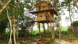 Unbelievable! Build Two Story House On Tree And  Swimming Pool Under  House By Ancient Skills (Full)